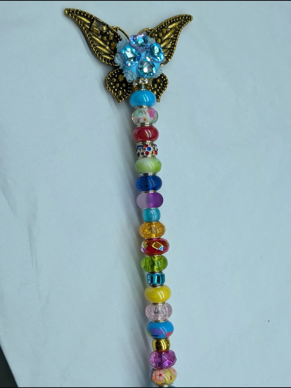Hand Made Beaded Fairy Wand/Plant/Garden Stake W/Crystal Butterfly Topper 🦋